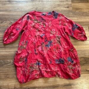 Lin Blanc 100% Linen Floral Tunic Top Boho Lagenlook Sz 44 US Large Pink Flowy